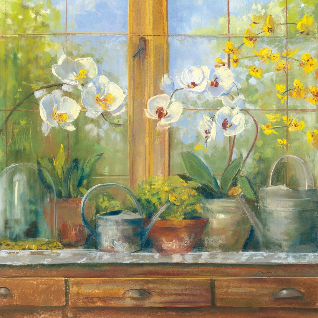 Painting of potted orchids and yellow flowers on a windowsill with metal watering cans