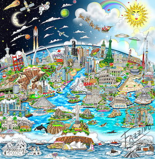 Colorful collage of world landmarks with river, day and night sky, sun, moon, and rainbow
