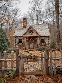 Small log cabin with holiday wreath on wooden fence gate in wooded setting