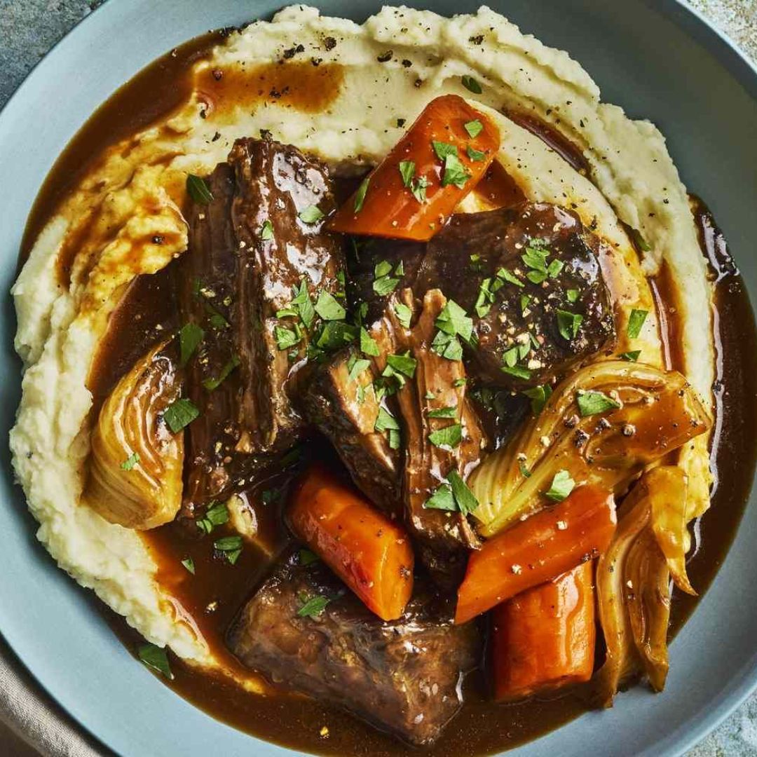 Braised beef with carrots and onions in gravy over mashed potatoes in a bowl