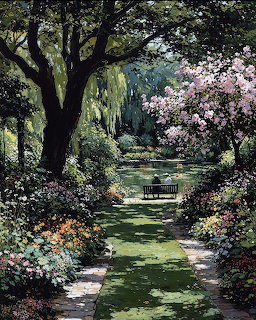 Peaceful garden path lined with colorful flowers leading to a bench by a pond under leafy trees
