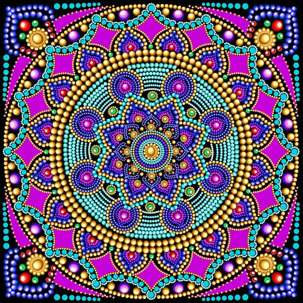 Circular mandala with colorful dot patterns in pink, blue, and gold on dark background