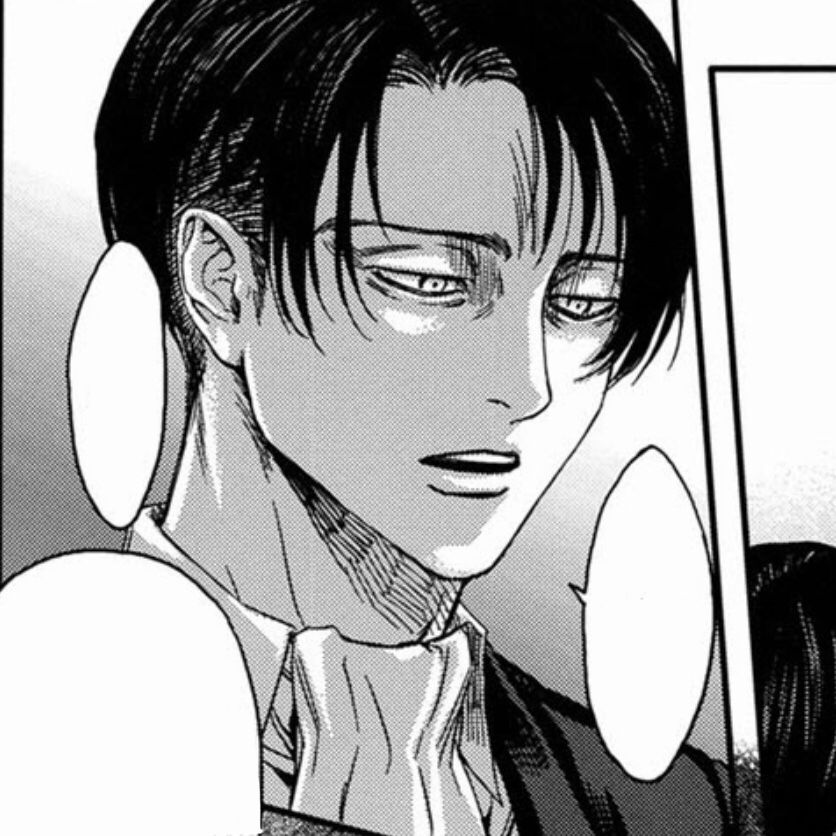 Black-and-white manga panel close-up of Levi with a serious expression and speech bubbles