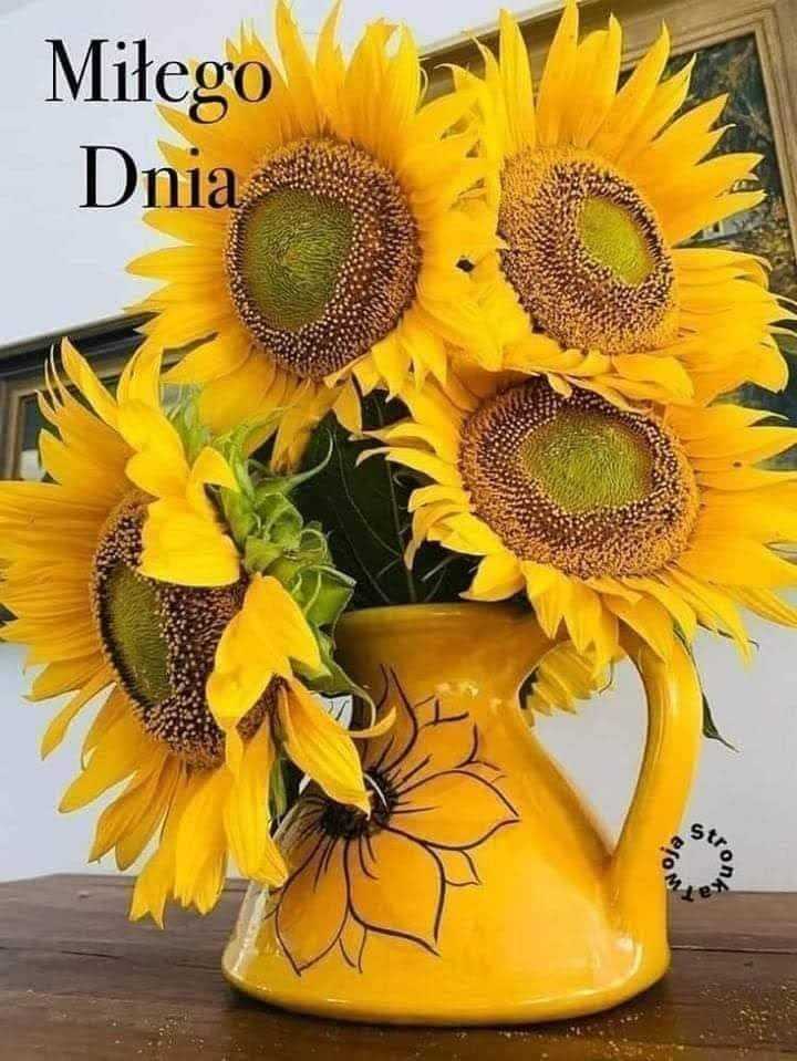 Vibrant sunflowers in a yellow pitcher on a wooden table