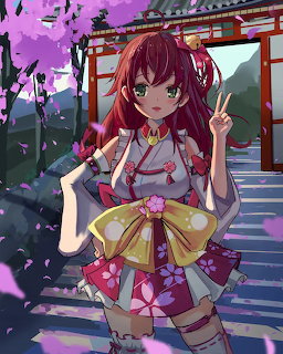 Red-haired anime girl in floral kimono giving peace sign at cherry blossom shrine