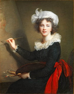 Oil painting self-portrait of a woman in a black dress and white hat holding a palette and paintbrush