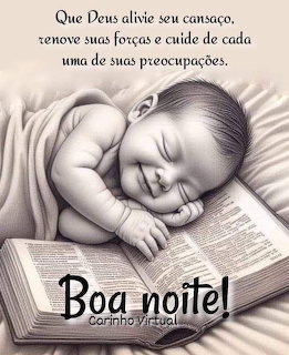 Monochrome drawing of a sleeping baby lying on an open book with Portuguese good night text
