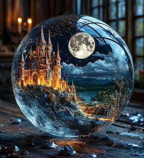 Glowing castle inside clear glass sphere under moonlit sky on wet floor
