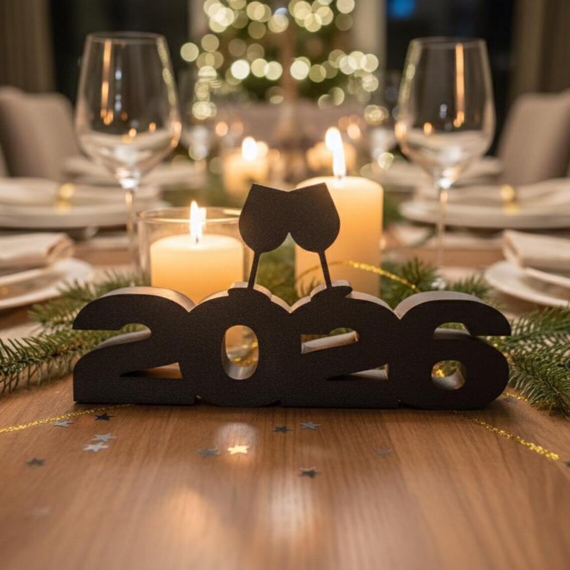 New Year 2026 decorative sign on a festive dinner table with candles and pine branches