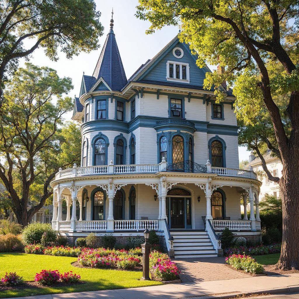 Victorian house with a turret, wraparound porch, large trees, and landscaped flower beds
