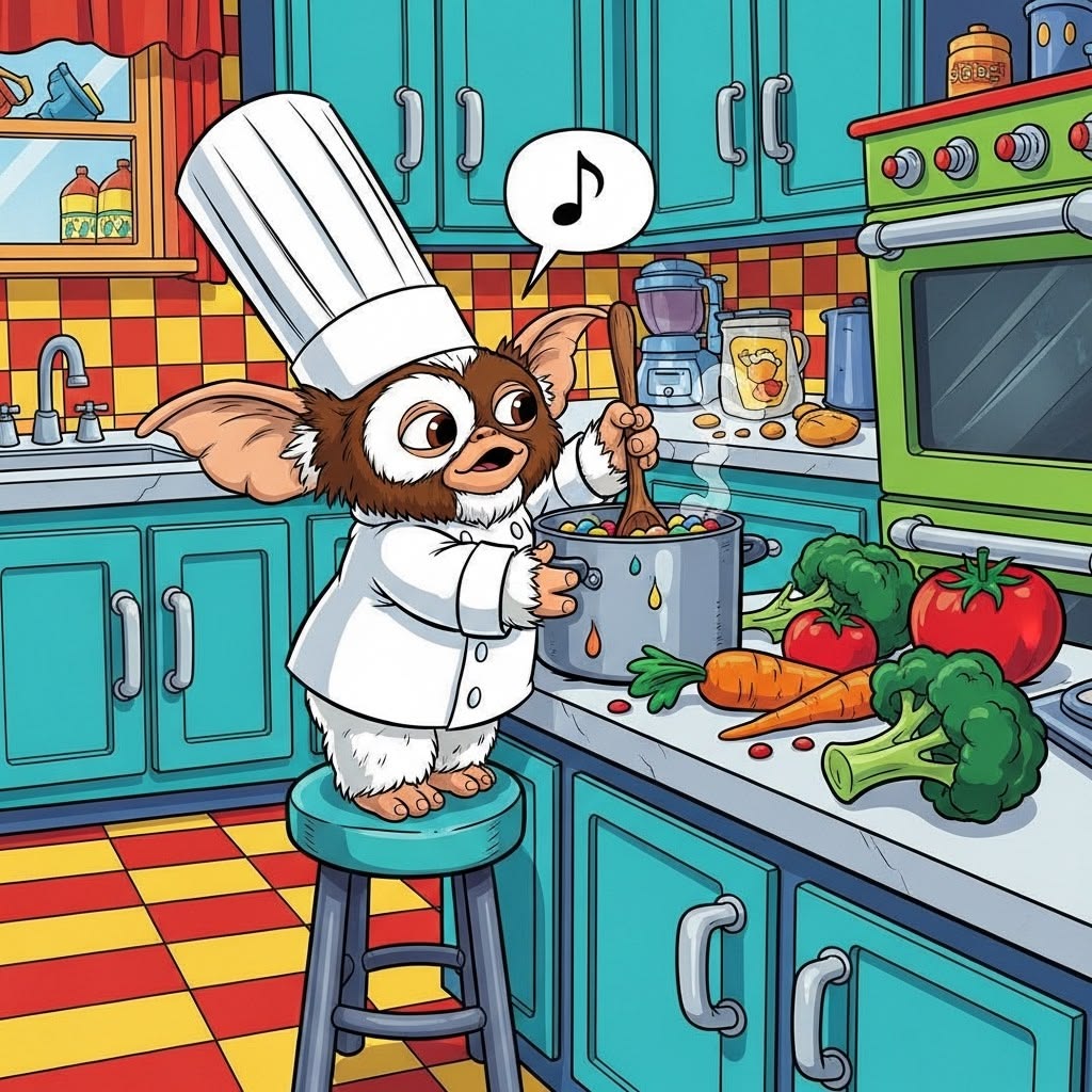 Cartoon Gizmo character in chef hat cooking in bright turquoise kitchen with vegetables
