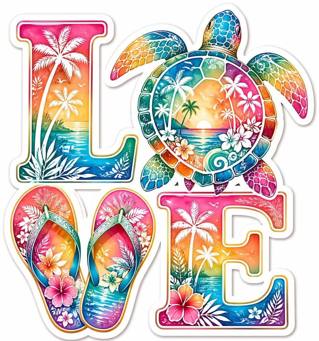 Colorful LOVE illustration with a sea turtle, flip-flops, palm trees, and tropical flowers