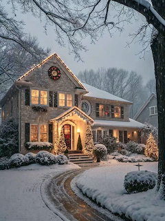 Stone house with glowing windows and Christmas tree in snowy evening yard