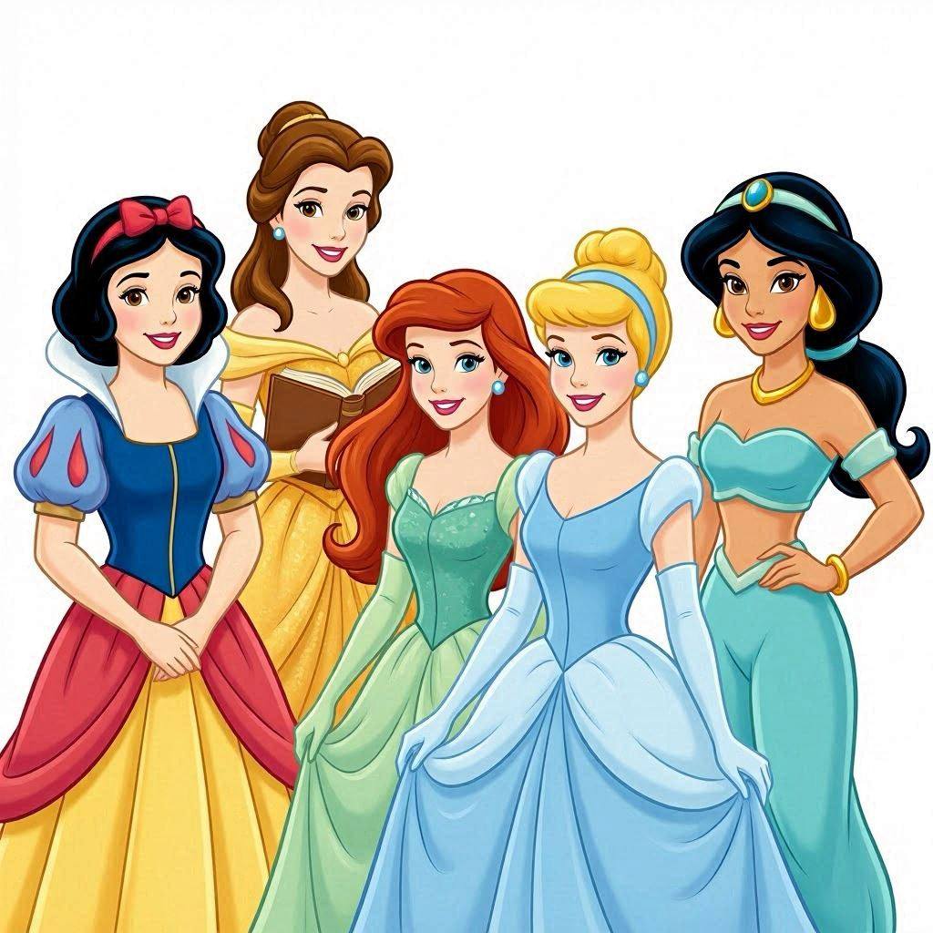 Five animated Disney princesses in colorful gowns standing in a group