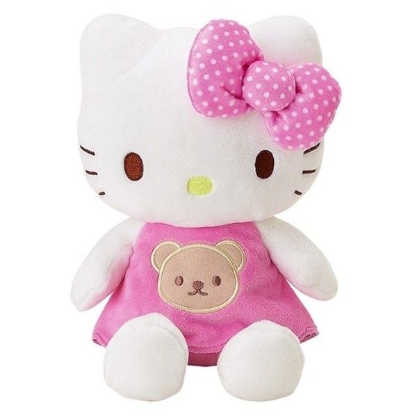 Hello Kitty plush in pink dress with teddy bear graphic and polka dot bow