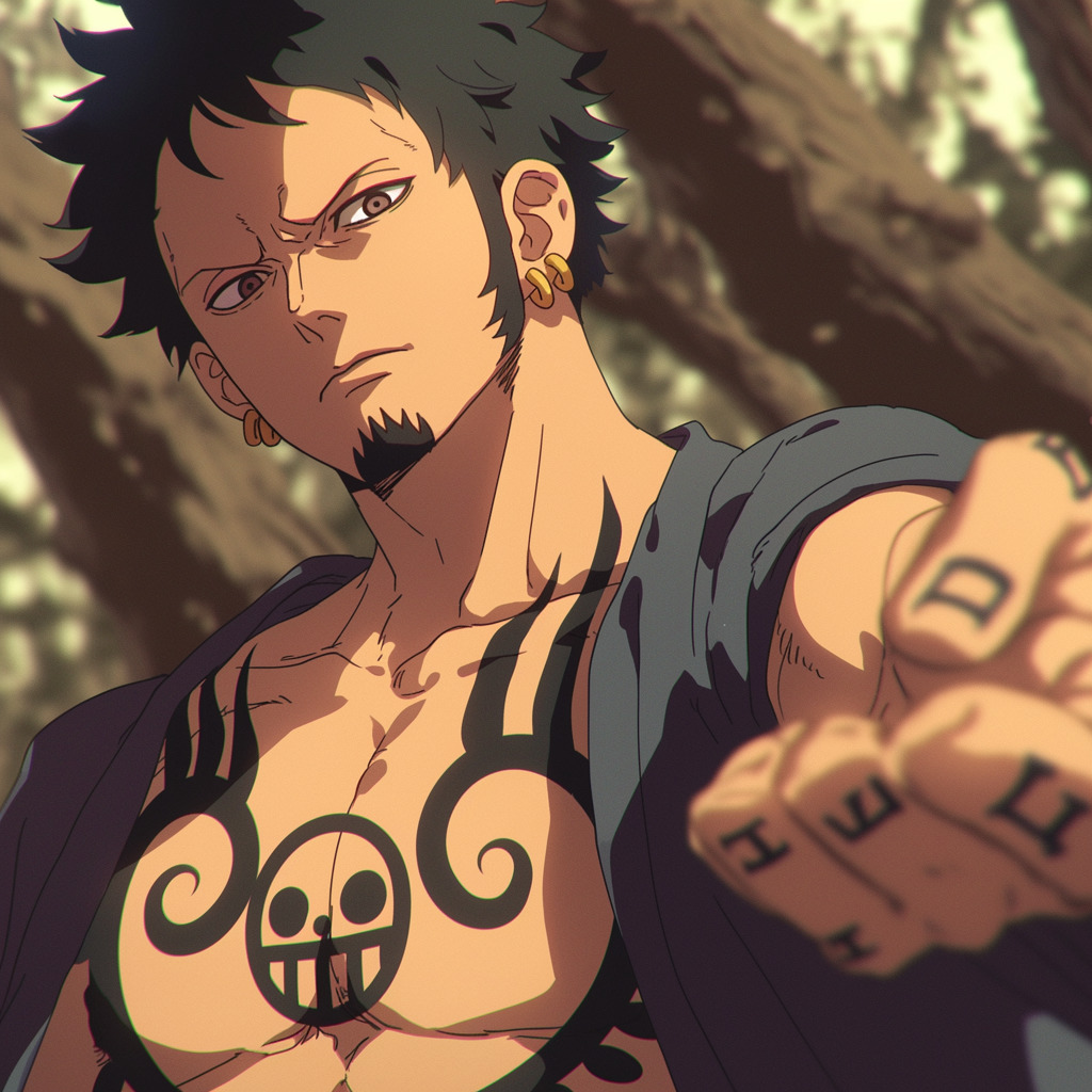 Anime portrait of Trafalgar Law with black hair, goatee, tribal tattoos and earrings reaching forward