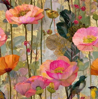 Decorative painting of pink and orange poppies with small birds among stems and leaves