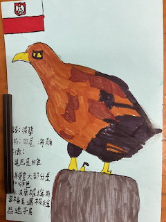 Child's drawing of a brown eagle standing on a rock with a small red and white flag and Chinese writing