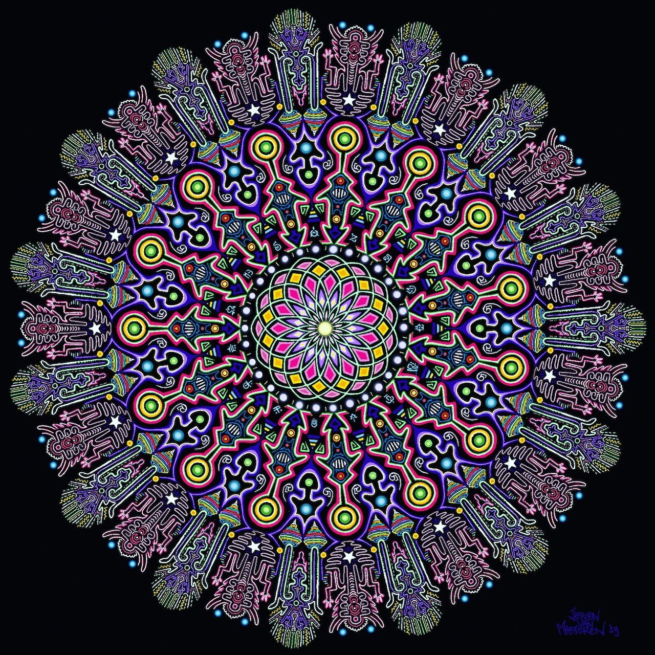 Colorful intricate mandala with geometric patterns in purple, yellow, and pink on black background