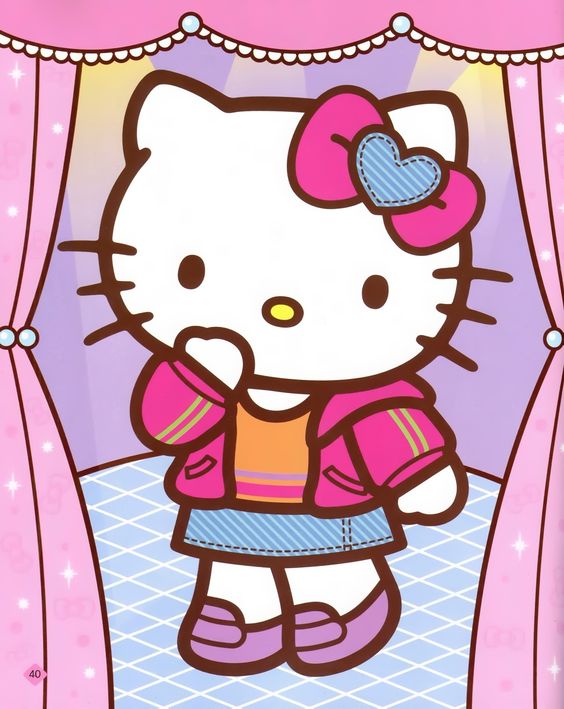 Hello Kitty wearing a pink jacket, blue skirt, and pink bow with a heart, standing on a stage with pink curtains