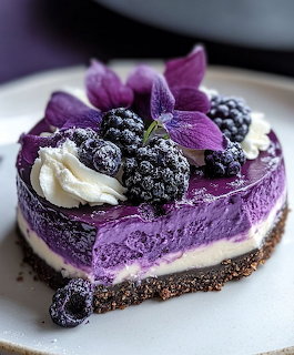 Slice of purple berry cheesecake with blackberries, whipped cream, and violet flowers on a white plate