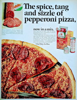 Vintage print ad for pepperoni pizza showing a large pizza with pepperoni slices and a pizza cutter