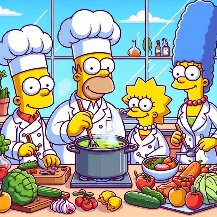 Cartoon illustration of the Simpson family in chef uniforms cooking together in a colorful kitchen with vegetables