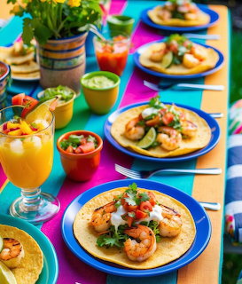 Colorful brunch table with shrimp tacos, orange juice, salsa bowls, and blue plates on rainbow striped cloth outdoors