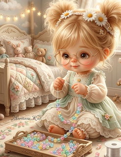 Cartoon girl with blonde hair buns and daisy crown in pastel bedroom