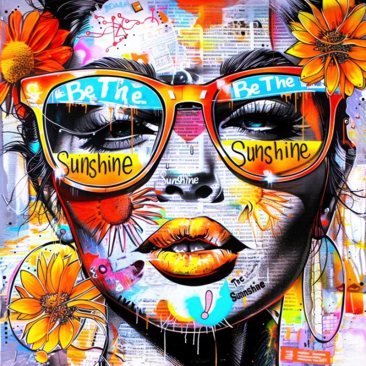 Colorful pop art portrait with woman in sunglasses, yellow flowers, and bold text saying Be The Sunshine