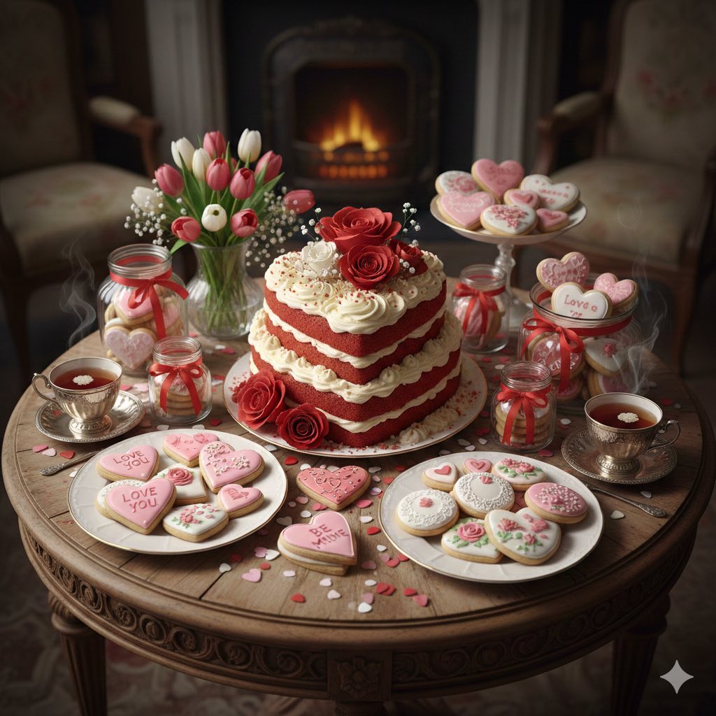 Heart-shaped layer cake on a table with cookies, cupcakes, tea, and tulips by a fireplace