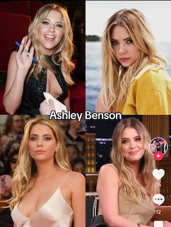 Collage of four photos of Ashley Benson with blonde hair in different outfits and settings