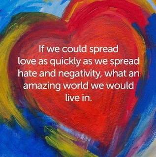 Colorful abstract red heart painting with a white love quote on a blue background