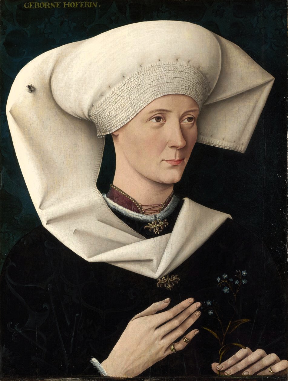 15th century portrait of woman wearing white headdress and dark clothing against black background
