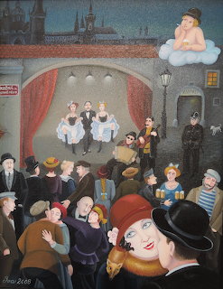 Naive-style painting of a crowded cabaret interior with stage dancers, musicians, and patrons