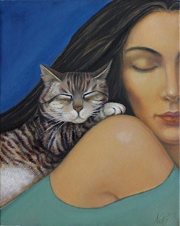Painting of woman with long dark hair holding a sleeping tabby cat close to her face