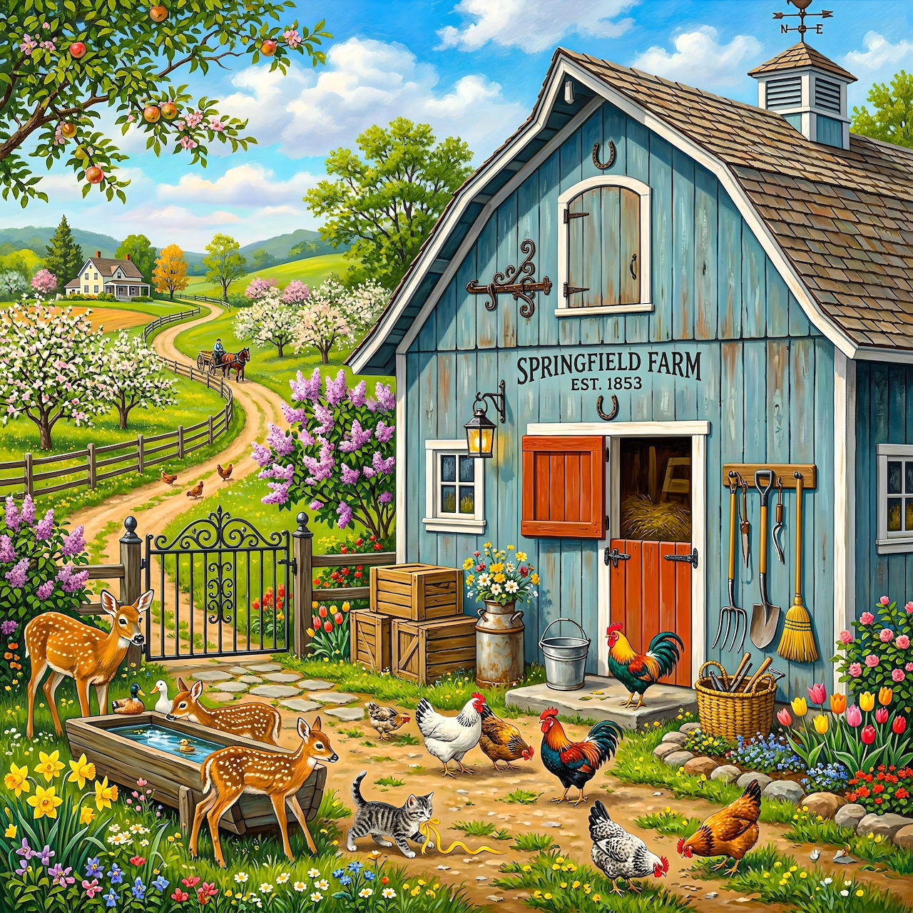 Blue barn labeled Springfield Farm surrounded by chickens, deer, cat, and blooming flowers in a countryside garden