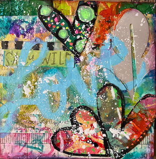 Abstract mixed media art with colorful butterflies, dots, and textured collage elements in vibrant colors