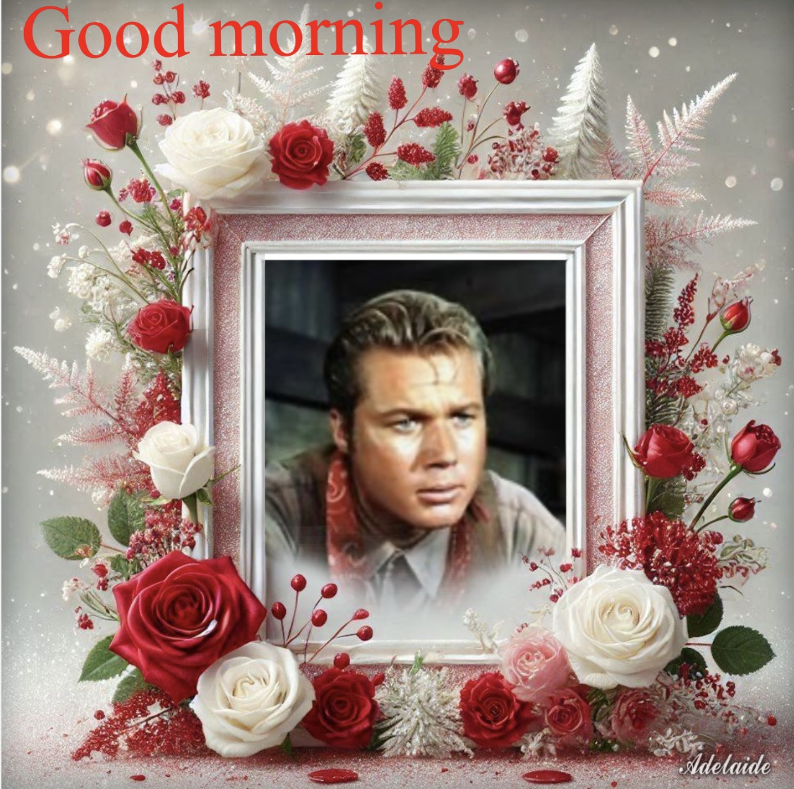 Framed portrait surrounded by red and white roses with Good morning text above