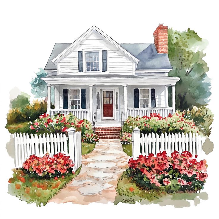 Watercolor painting of white cottage with flower garden and picket fence