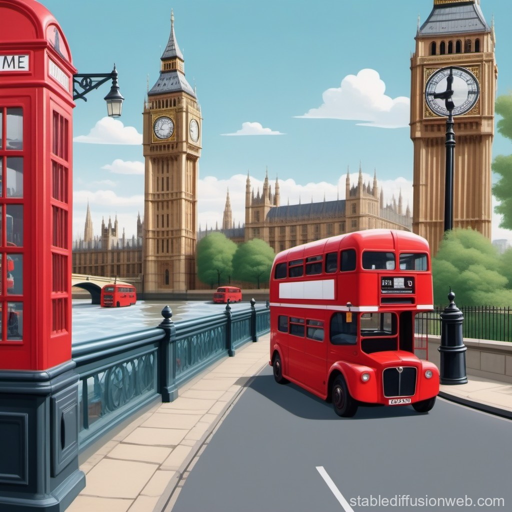 Illustration of Big Ben, red London bus, and phone box on bridge with clear sky