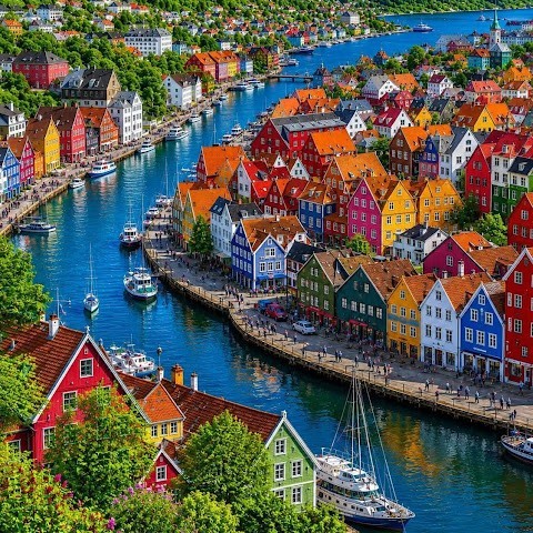 Colorful traditional buildings along waterfront canals in Bergen, Norway with boats and red-roofed houses