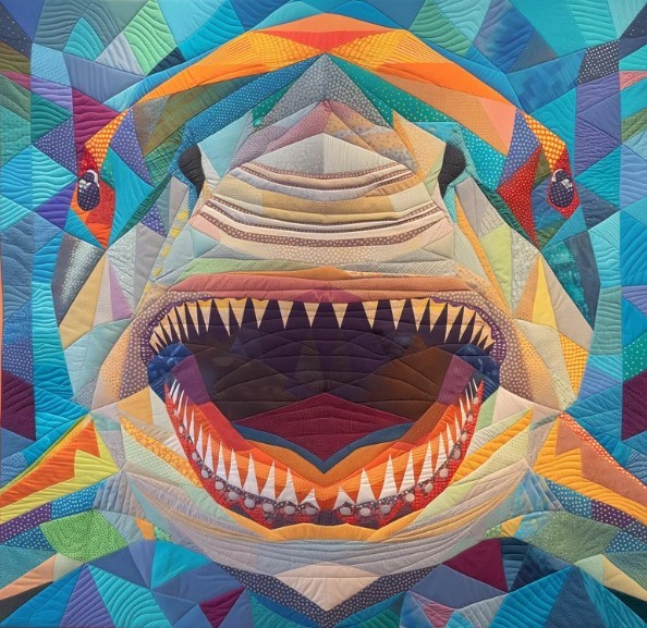 Geometric quilt art depicting a shark with open mouth made from colorful triangular fabric patches
