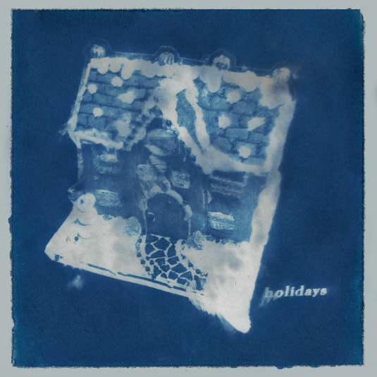Blue monochrome cover art with a blurred window scene, small figure, and the word holidays