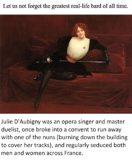 Illustrated portrait of Julie d'Aubigny holding a sword