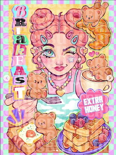 Colorful illustration of a pink-haired girl with teddy bear breakfast foods, waffles, and honey