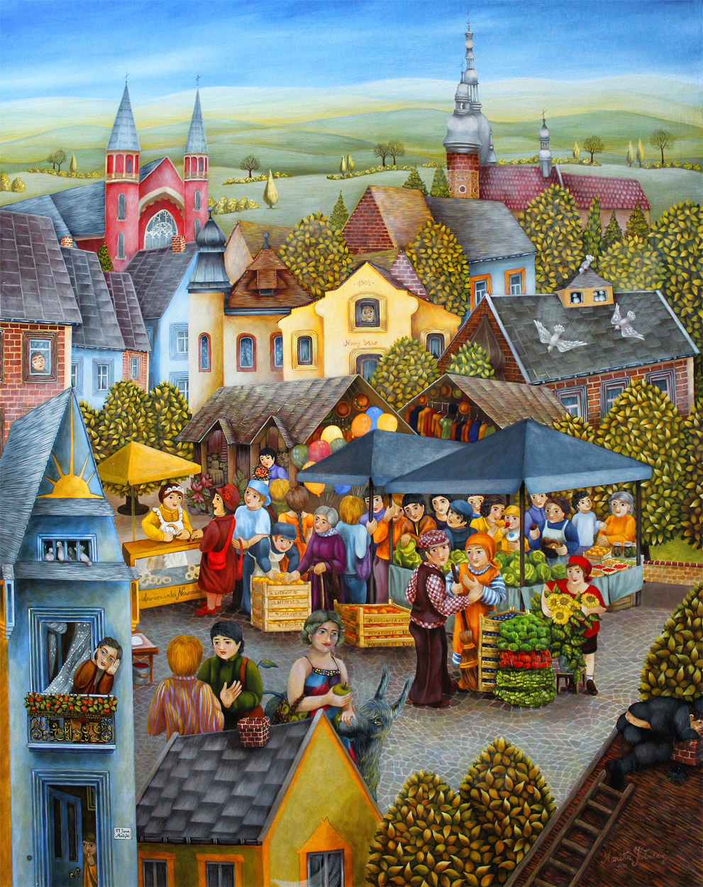 Folk art painting of village market with people, stalls, houses, and church towers
