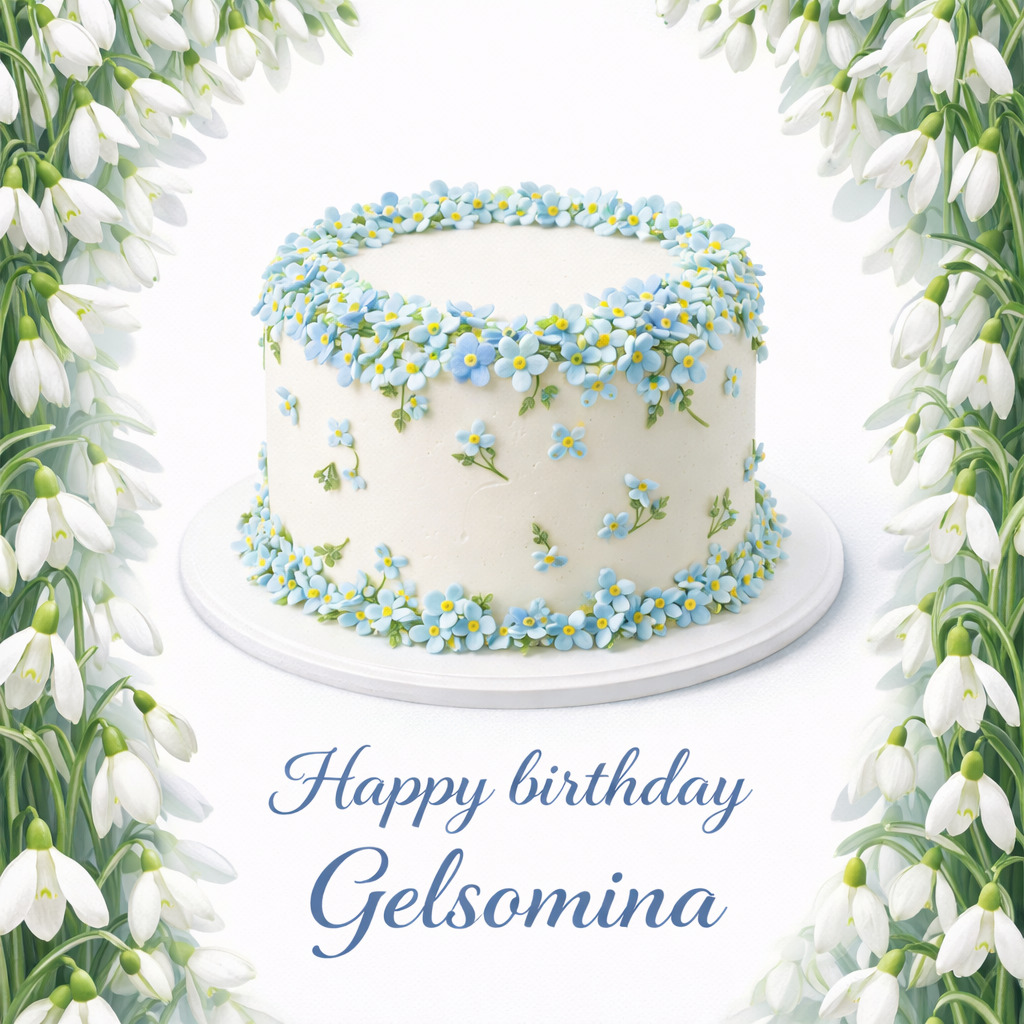 White birthday cake with blue-green flower decorations and Happy birthday Gelsomina text, surrounded by white flower frame
