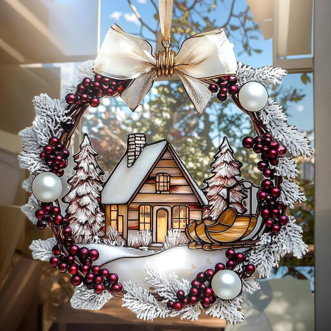 Christmas wreath suncatcher with cottage scene, frosted pine branches, red berries, and white ornaments