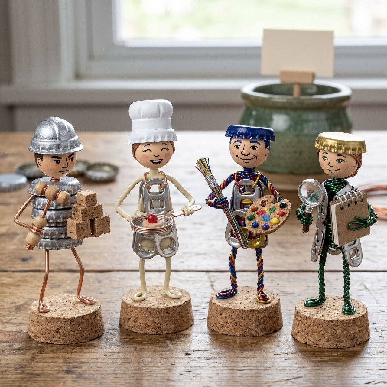 Four handmade figurines on cork bases on a wooden table, dressed as builder, chef, painter, and inspector